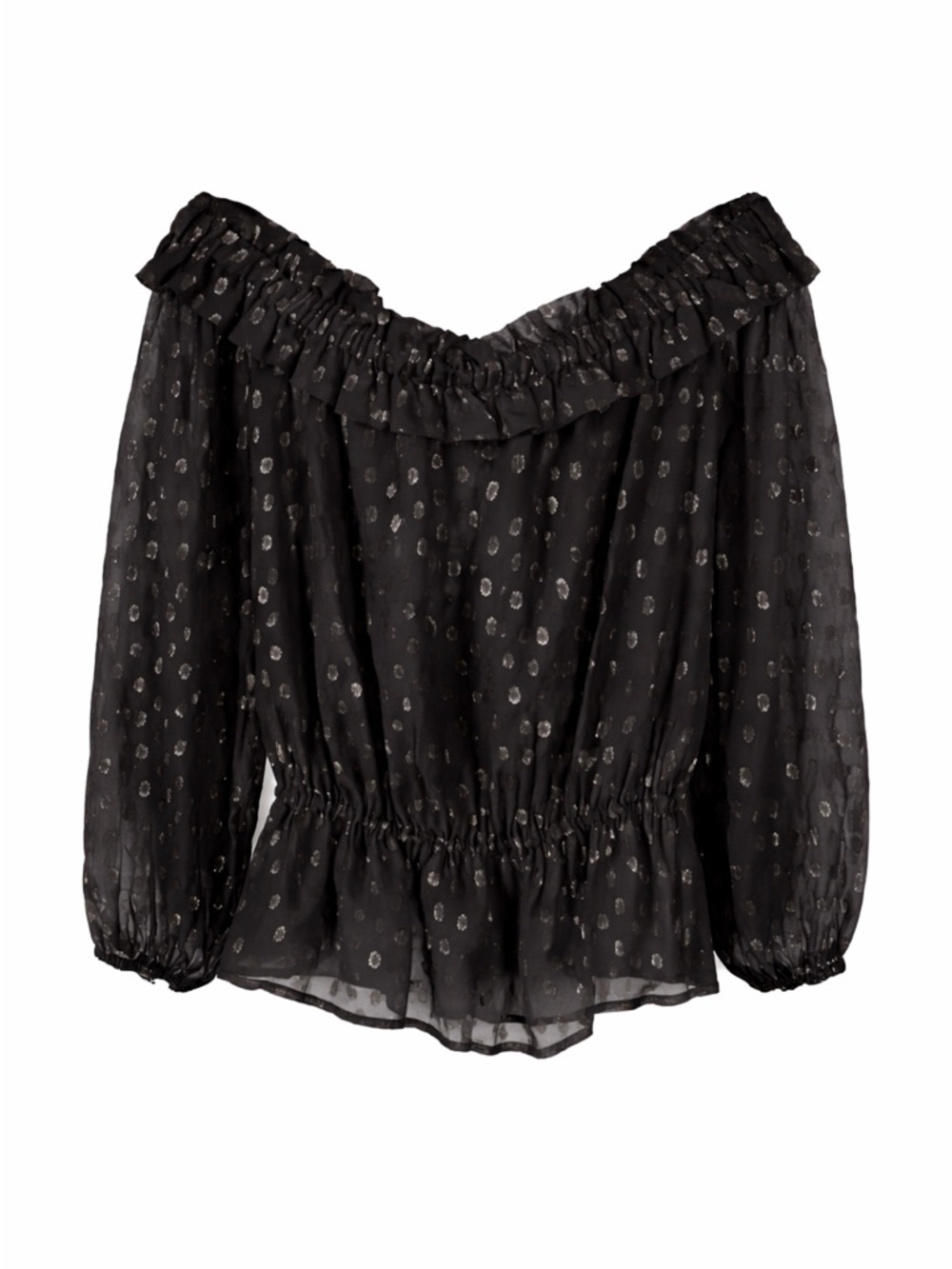 Ruffled Off-Shoulder Black Blouse with Metallic Dot Accents
